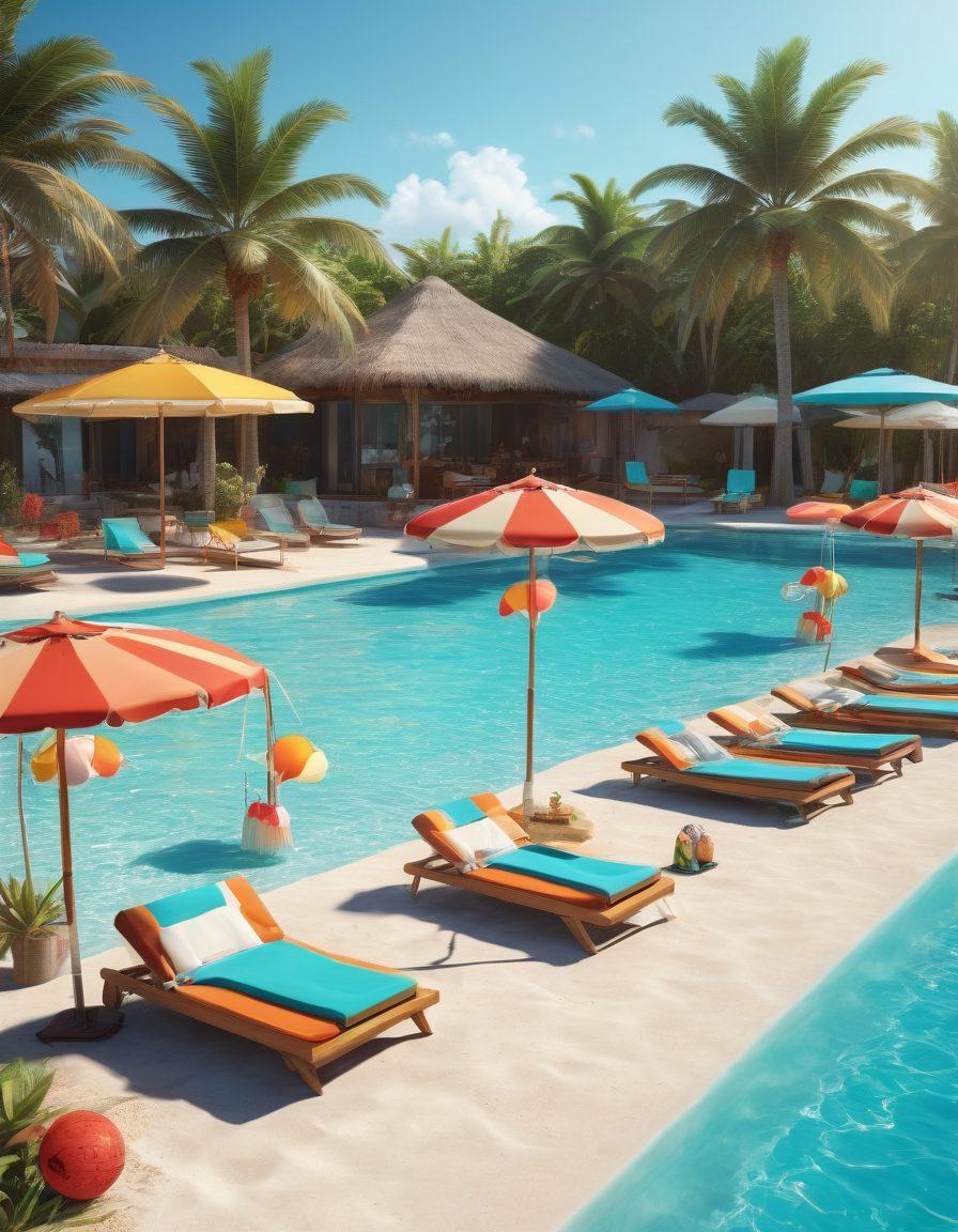 A sun-drenched beach scene featuring vibrant beach umbrellas and clear turquoise waters. Showcase diverse models wearing trendy bikinis in various styles and colors, striking poses beside a stylish poolside bar with tropical drinks. Include playful beach elements like surfboards and beach balls, all basking in warm summer light. 3D style. vibrant colors.